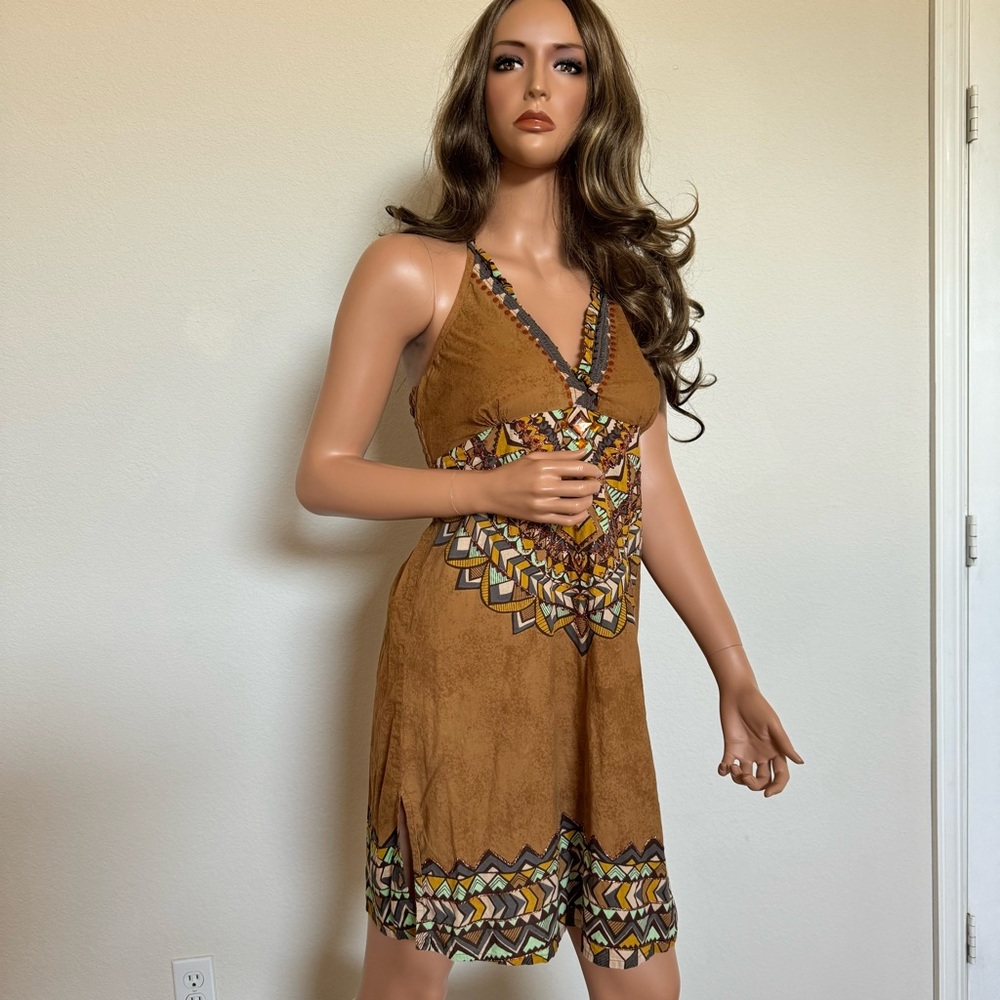 Women's Tie Neck Sleeveless Beach Vacation Party Dress 100% Cotton Brown Size S